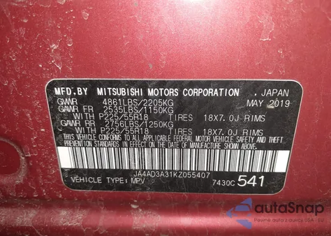 2019 Mitsubishi Outlander Se from USA, damaged, VIN JA4AD3A31KZ055407
